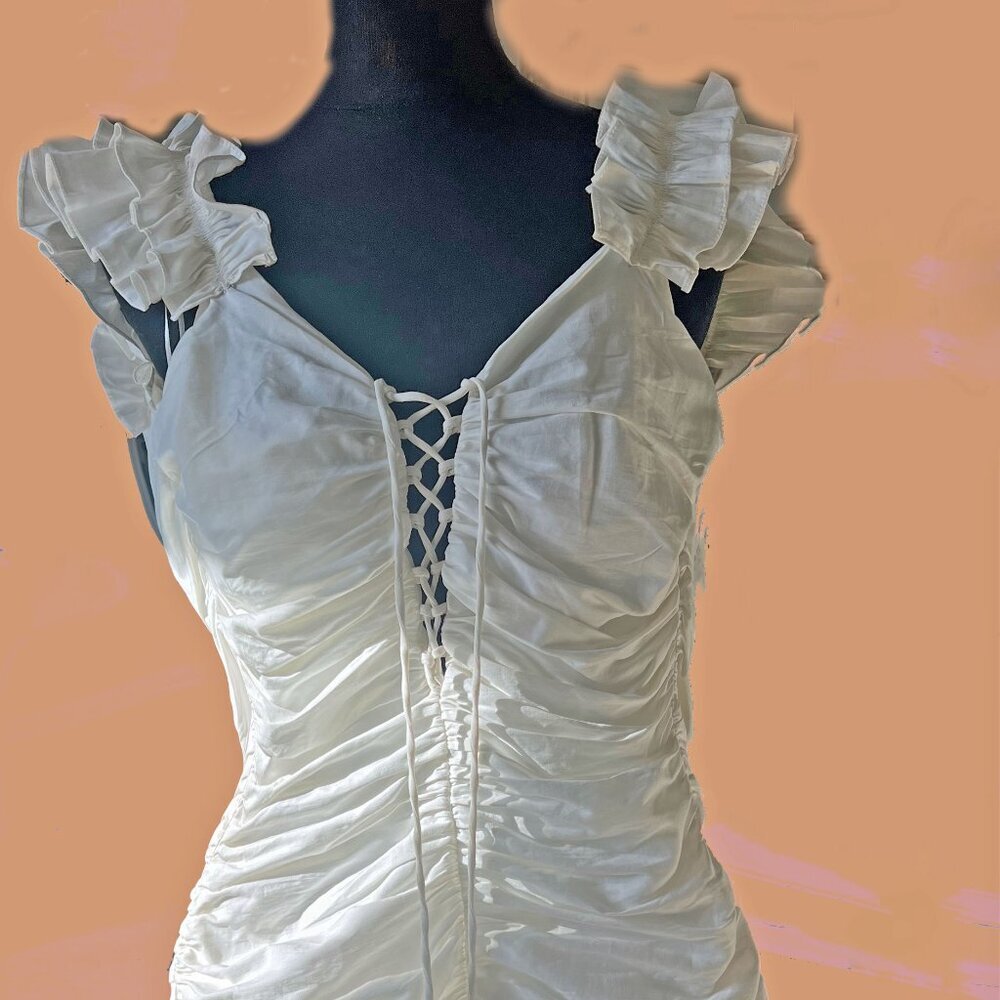 NWT Zara White Ruffle Sleeve Linen Blend Mini Ruched Dress Lace Up tie detail XS - Picture 6 of 15